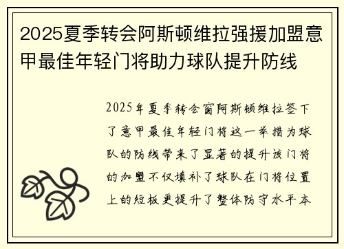 2025夏季转会阿斯顿维拉强援加盟意甲最佳年轻门将助力球队提升防线